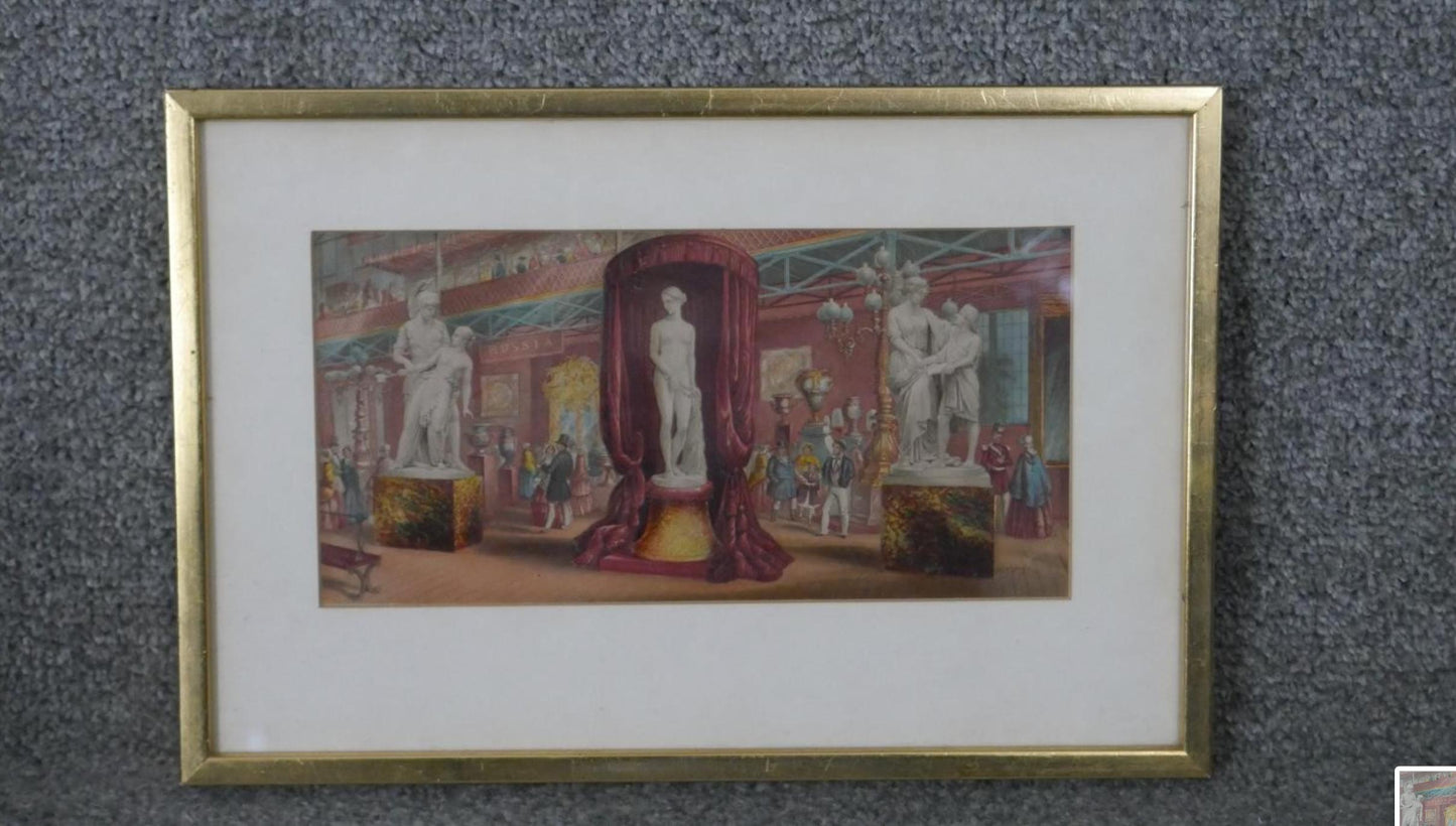 Hand coloured engraving of classical marble statues