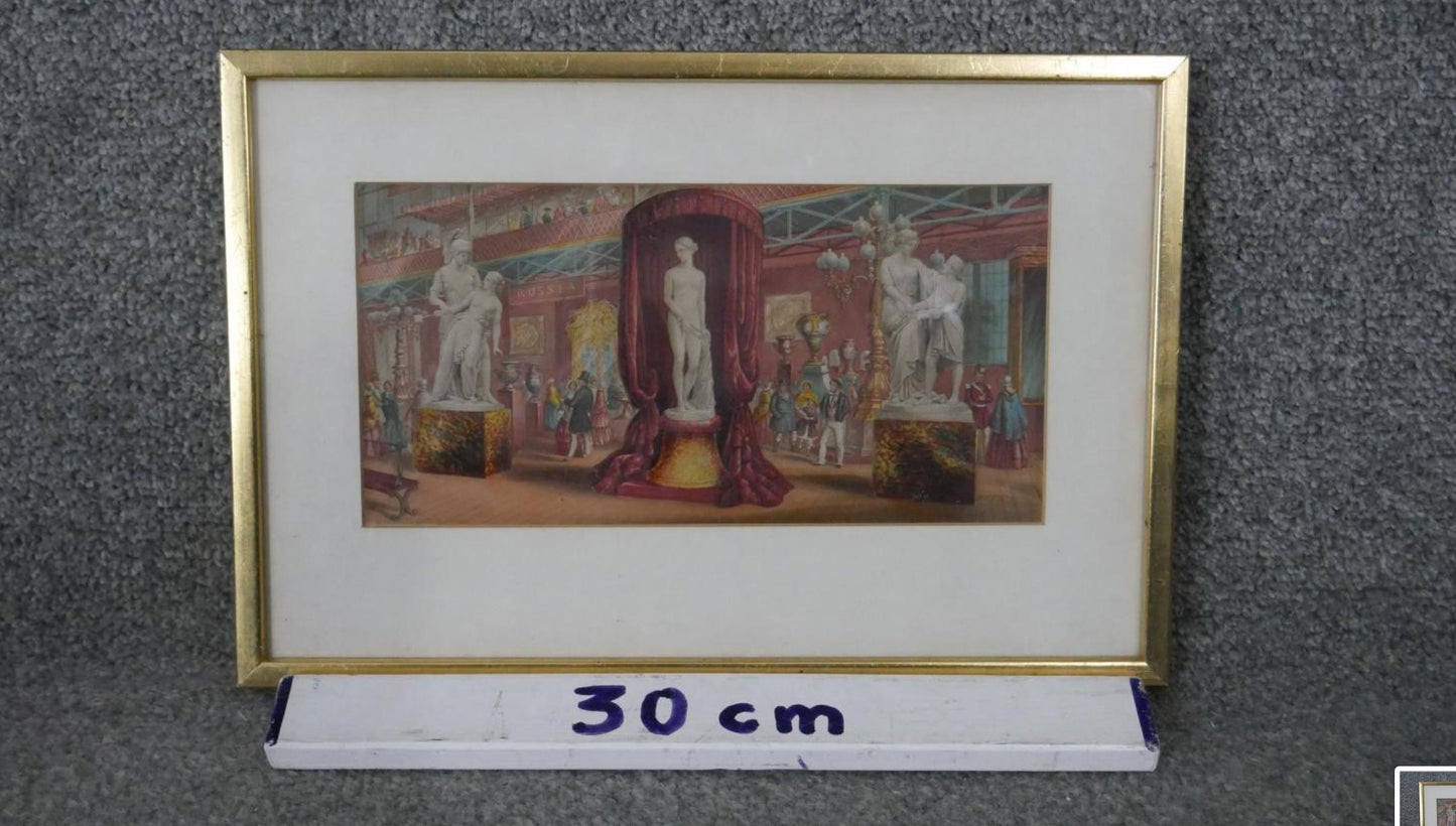 Hand coloured engraving of classical marble statues