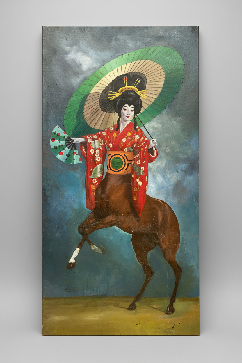 A surrealist oil painting on canvas