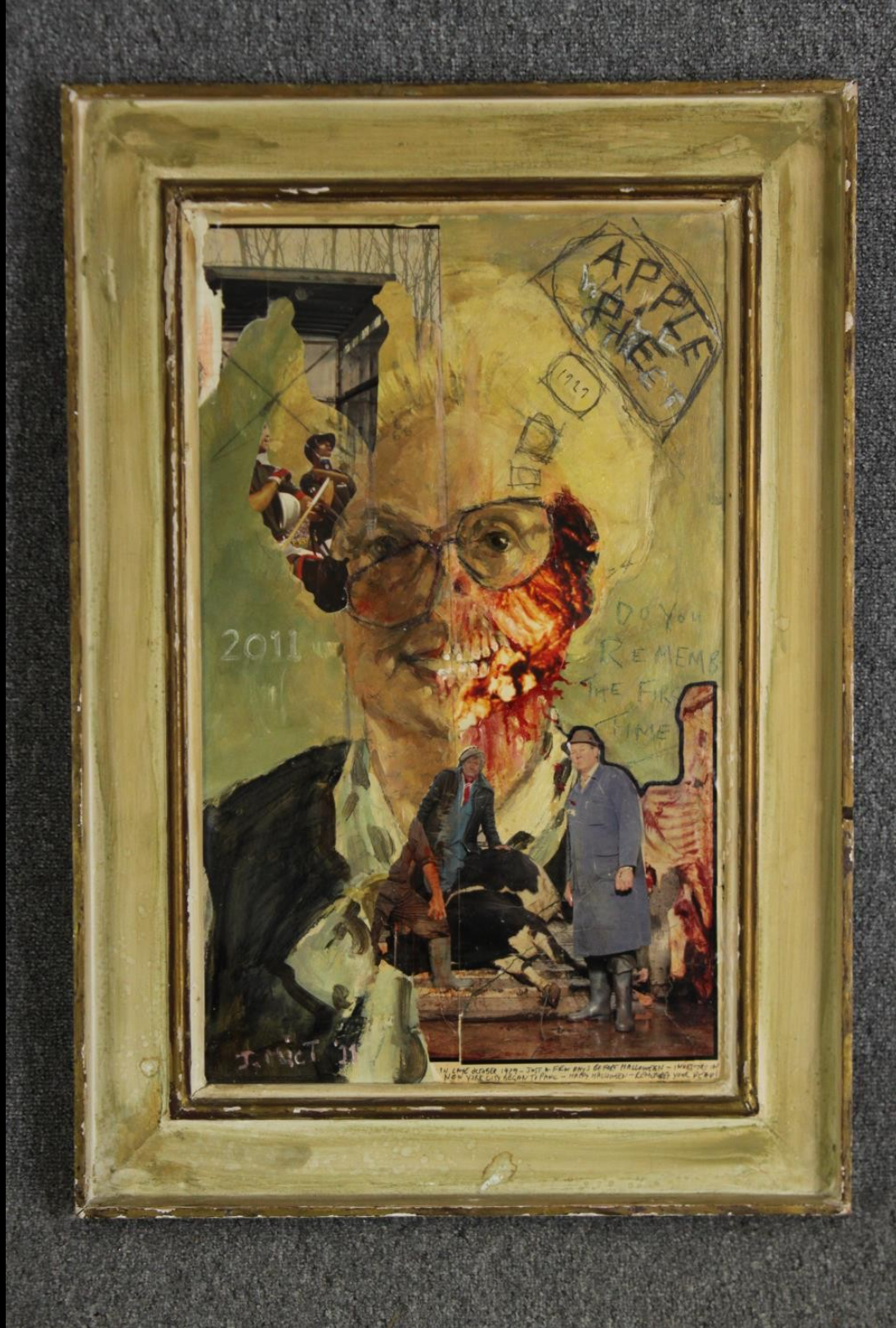 A framed mixed media and collage portrait study
