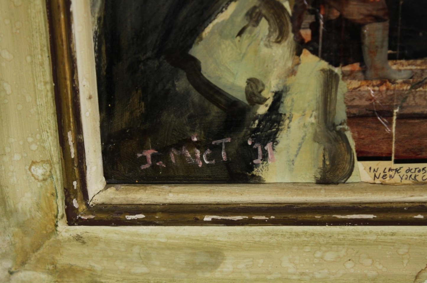 A framed mixed media and collage portrait study