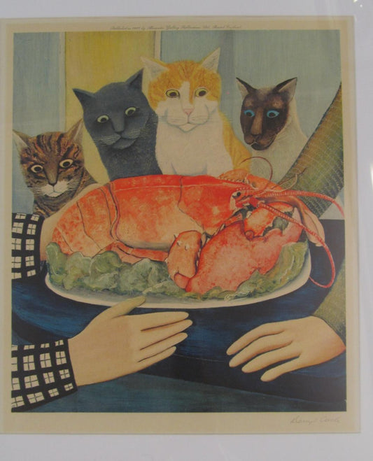 Beryl Cook OBE - Four Hungry Cats and a Lobster – Signed Limited Edition Stamped by the Fine Art Trade Guild