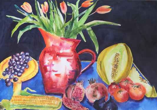 Hilary Rosen - Still life with red vase and orange tulips