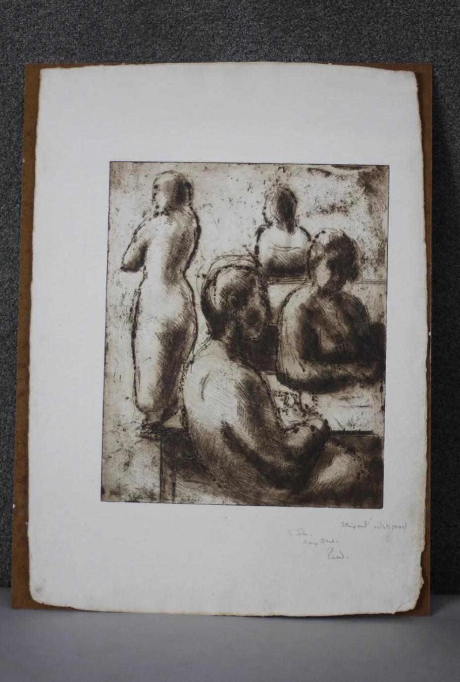 Signed engraving titled 'Sitting Out'