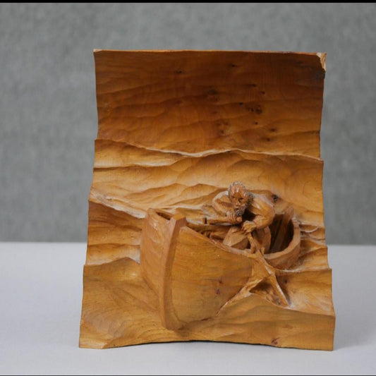 Man in a boat, vintage carved pine wood relief