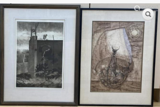 Peter Nuttall, ink and watercolour, Viking ship & a Neil Woodall print