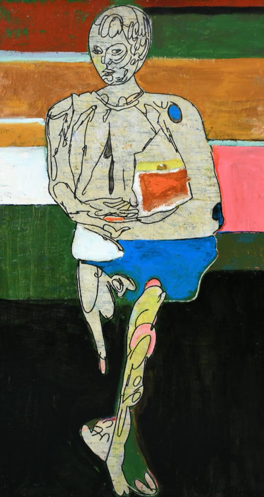 Pierre Courtens - Homme en pied sur fond rayé
