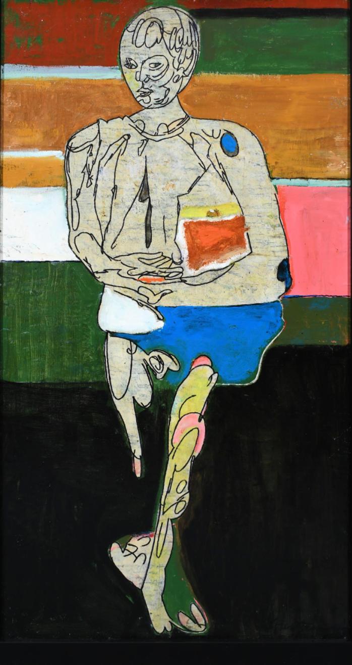 Pierre Courtens - Homme en pied sur fond rayé