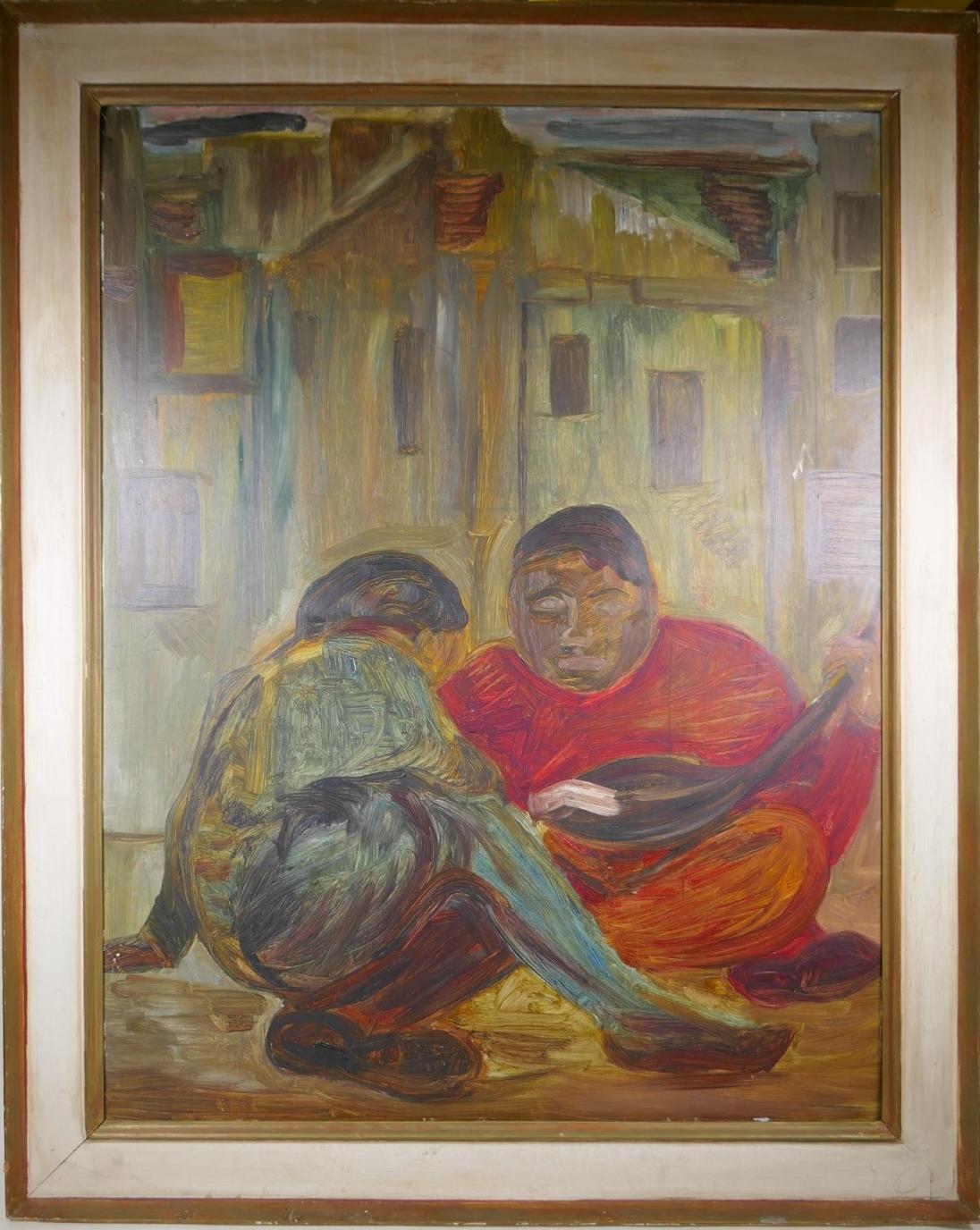 Two figures in a city scape
