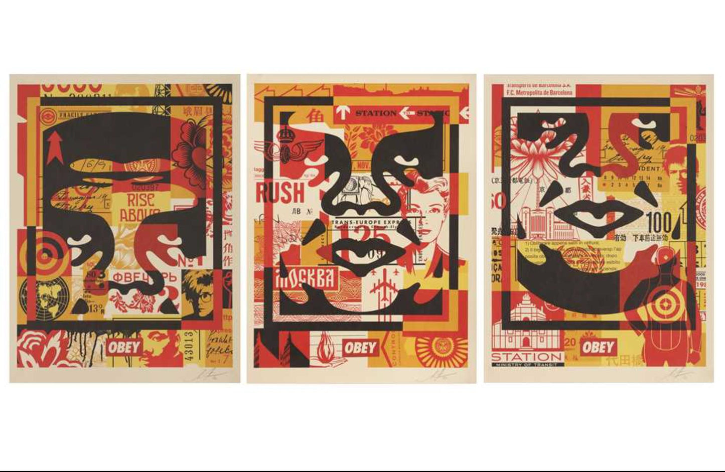 Shepard Fairey - Obey 3-face collage, triptych