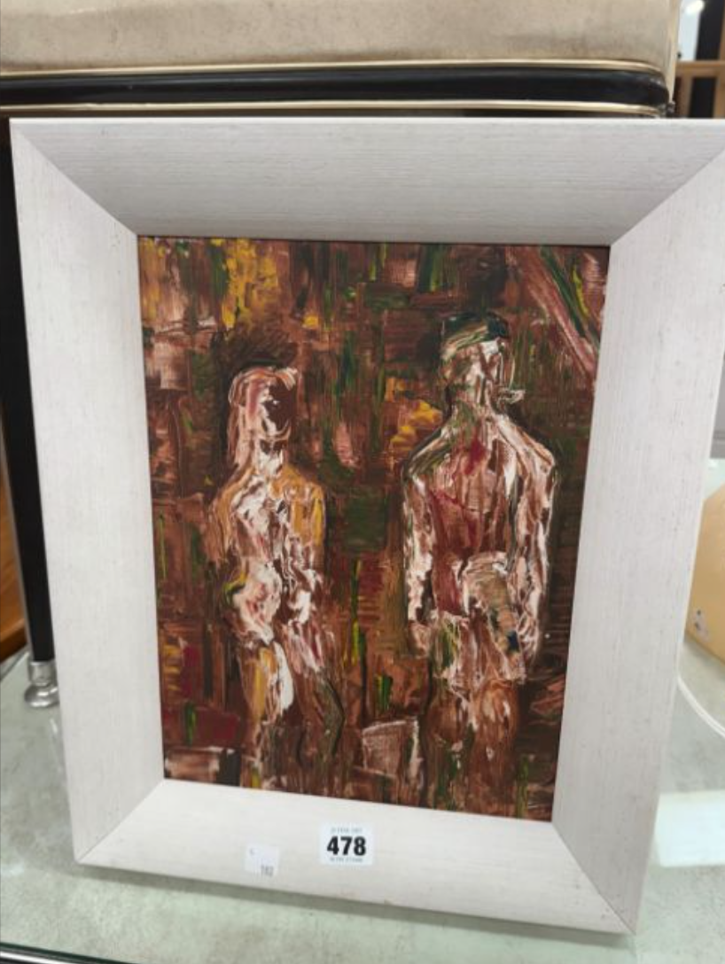 A 20th century school two standing figures oil on board