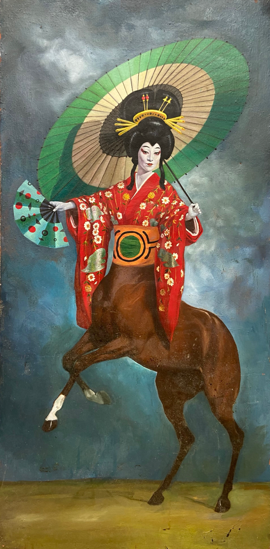 A surrealist oil painting on canvas