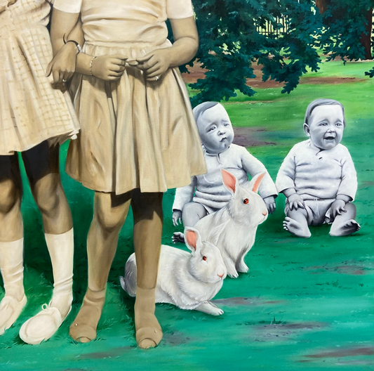 Corinne Charton - Sets of twin children, rabbits, and babies on a lawn