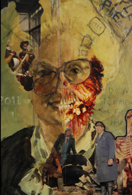 A framed mixed media and collage portrait study