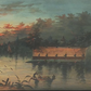 Original Framed Watercolour. Chinese river landscape with battleships and boats